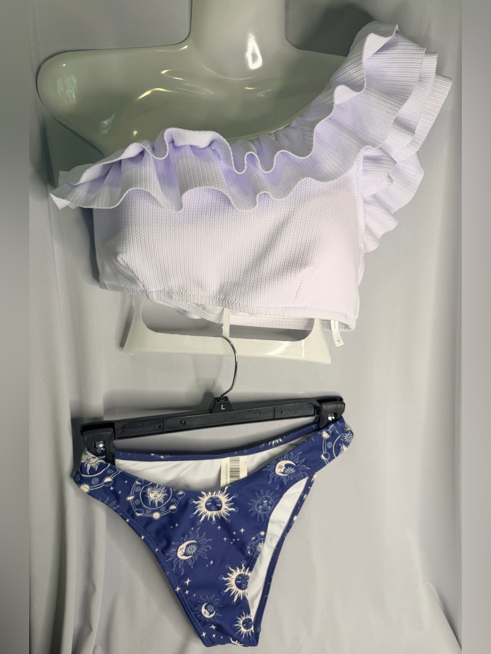 Cupshe Ruffled One-Shoulder White Bikini Top with Navy Celestial Bottoms, Small